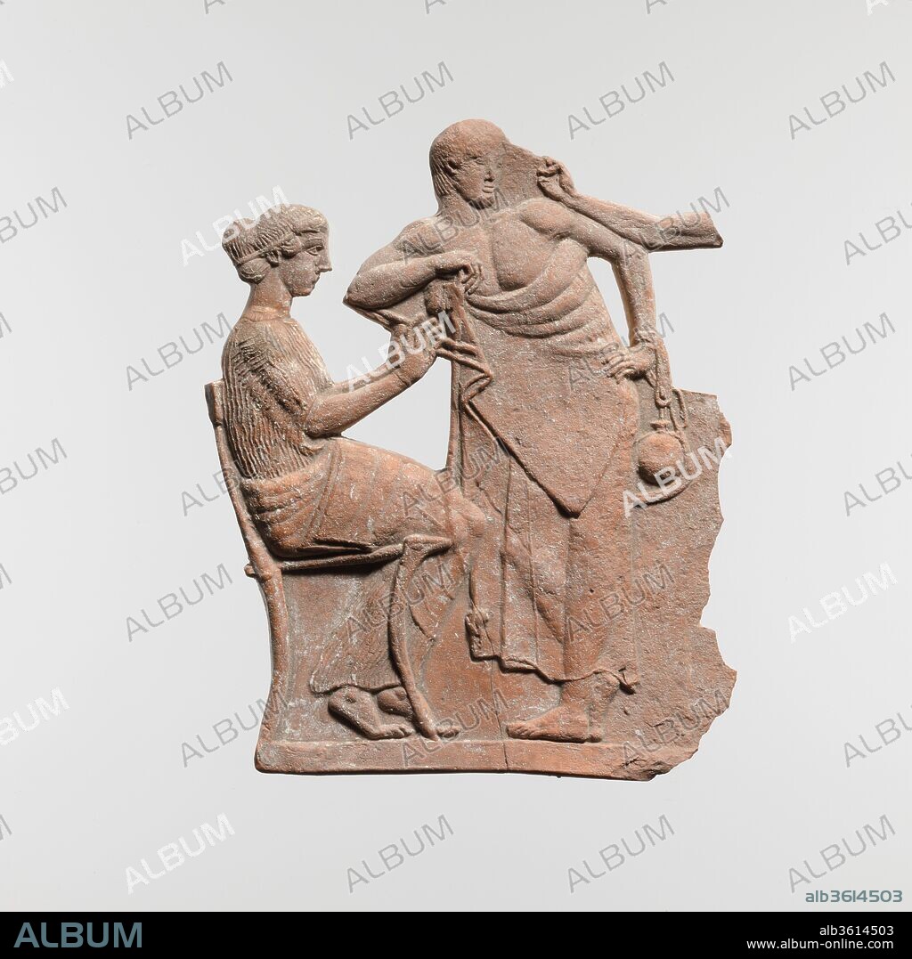 Terracotta relief. Culture: Greek ?. Dimensions: H.: 6 5/16 in. (16 cm). Date: ca. 450 B.C. or later.
Seated woman with double flutes and youth
Fragment of a Melian relief; seated woman playing the double flutes and a man standing. Scholarly discussion continues as to whether the relief is ancient or a modern forgery.