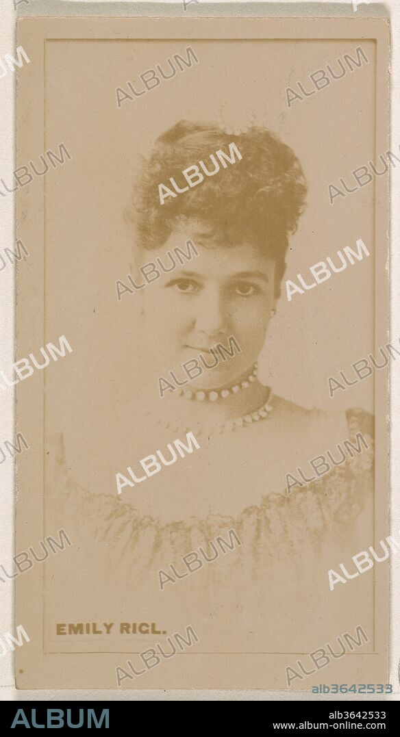 Emily Rigl, from the Actresses series (N245) issued by Kinney Brothers to promote Sweet Caporal Cigarettes. Dimensions: Sheet: 2 1/2 × 1 7/16 in. (6.4 × 3.7 cm). Publisher: Issued by Kinney Brothers (American). Date: 1890.
Trade cards from the set "Actors and Actresses" (N245), issued in 1890 by Kinney Brothers Tobacco to promote Sweet Caporal Cigarettes.