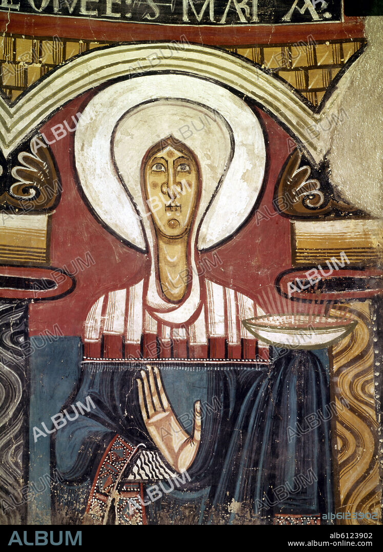 MAESTRO DE TAHULL (SIGLO XII). ABSIDE DE SAN CLEMENTE DE TAHULL (LERIDA) - DETALLE DE SANTA MARIA SOSTENIENDO LA MISTICA TAZA DEL GRAAL - SIGLO XII - ROMANICO CATALAN.