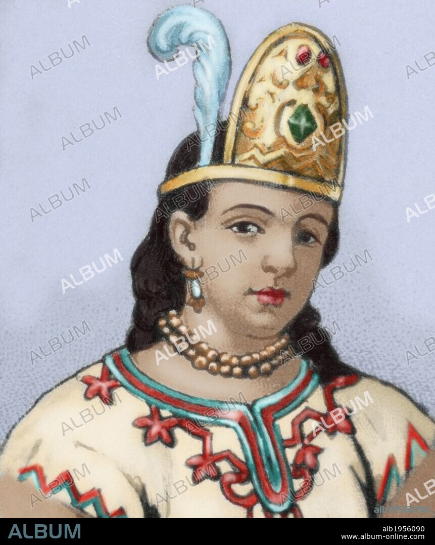 Malinche (c.1496-1529). Nahua woman. Interpreter of the spanish conqueror Hernan Cortes. Mexican engraving, 1885. Colored. Library of Catalonia. Barcelona. Spain.