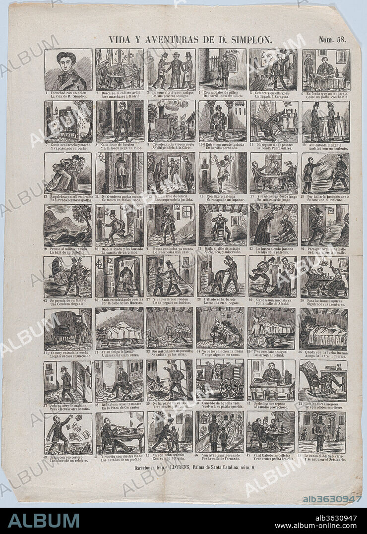 Broadside with 48 scenes depicting the life and adventures of Don Simplon -  Album alb3630947