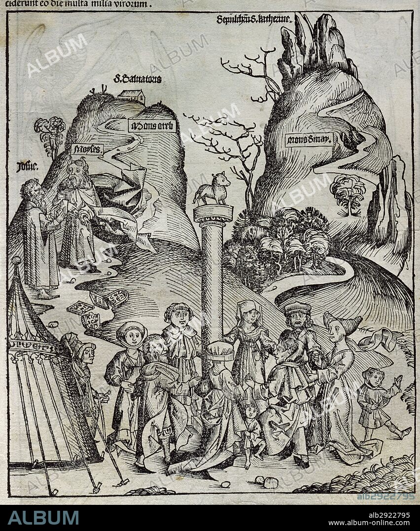 Old Testament. Moses  broken the tables of the law. The Israelites during Mose«s absence adoring the idol of Golden calf. Engraving. Liber Chronicarum by Hartman Shedel. 15th century.