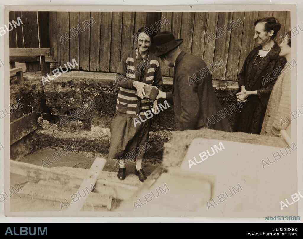 Photograph, Miss B Kingston & Kodak Staff, Brick Laying Ceremony, Building  4, Abbotsford, Victoria, 30 Apr 1928, Photograph showing the ceremonial  laying of the first bric - Album alb4539888