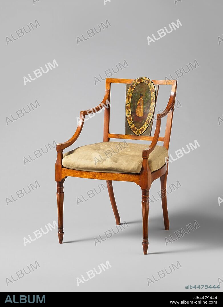 Partially veneered and painted satinwood chair, resting on fluted conical articulated front legs and rearward bent legs. The connection between the armrest struts and the slightly curved armrests is C-shaped. The back is slightly curved and decorated in the middle with a vertical connection, with painted medallions, free from 18th-century representations. The seat is covered with reeds and provided with separate embroidered cushions., anonymous, Great Britain, 1785 - 1800, wood (plant material), satinwood (wood), rattan, textile materials, h 86.5 cm × w 54 cm × d 60 cm × h 50 cm × d 44 cm.