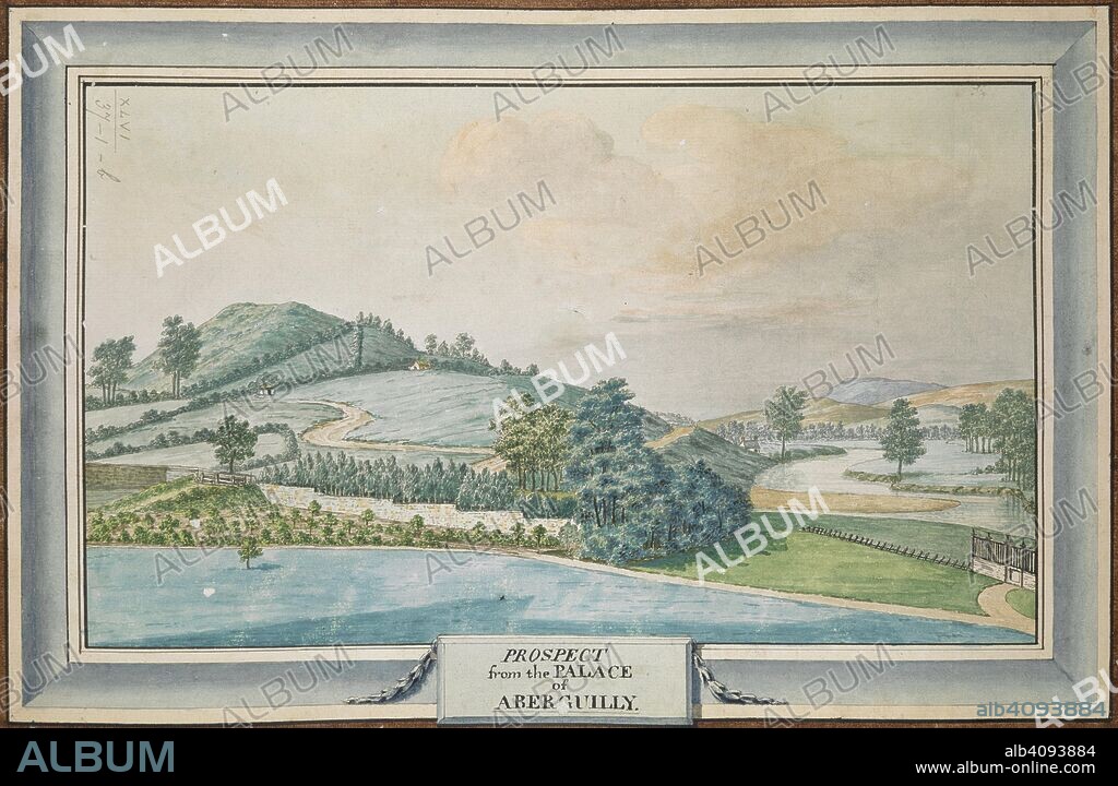 A landscape with trees, hills and fields; a path at the centre of the scene. PROSPECT from the PALACE of ABERGUILLY. c. 1750-1770. Pen and black ink with watercolour. Source: Maps K.Top.46.37.1.b. Language: English.