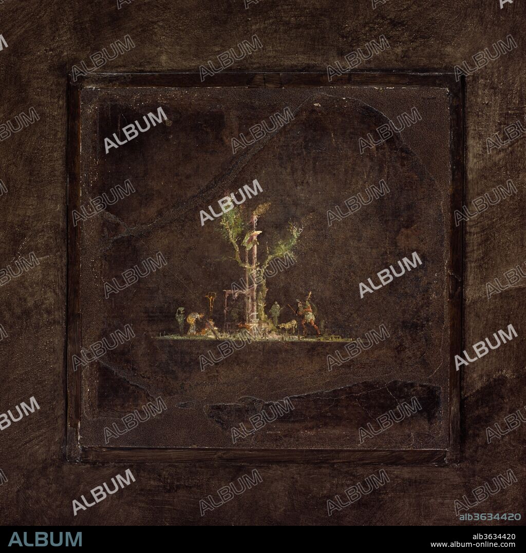 Wall painting on black ground: landscape, from the imperial villa at Boscotrecase. Culture: Roman, Pompeian. Dimensions: Overall: 12 x 12 1/2in. (30.5 x 31.8cm). Date: last decade of the 1st century B.C..
Many private summer villas were located along the coast near Naples. One of the most sumptuous must have been the villa built by Agrippa, friend of the emperor Augustus and husband of his daughter, Julia. It stood overlooking the Bay of Naples from a spot near the modern town of Boscotrecase. The villa was partially excavated between 1903 and 1905 after its accidental discovery during work on a railway. Wall decorations that still survived in four bedrooms were removed. The Metropolitan Museum acquired sections from three rooms and the Archaeological Museum at Naples received the rest.
Agrippa died in 12 B.C. and his son, Agrippa Postumus became the villa's proprietor in 11 B.C. as inscriptions found there indicate. The frescoes must have been painted during renovations begun at the time. Painted by artists working for the imperial household, they are among the finest existing examples of Roman wall painting.
The so-called Black Room was one of a sequence of bedrooms facing south toward the downward slope of the mountain and the sea. The source of light was a wide doorway giving onto a terrace or promenade.
This ambiguous and sophisticated decoration is a masterpiece of the so-called third style of Roman wall painting, which flourished during the reign of Augustus. The theme is a playful rendition of architectural motif. A low red dado serves as the base from which a skeleton of thin white columns appears to rise against a black background. There almost weightless columns support pavilions, candelabra, tripods, and a narrow cornice that runs around the room. They were embellished with jewel-like decorations. On the back wall tiny swans, the bird of Apollo, patron god of Augustus, perch improbably on threadlike spirals, and yellow panels with Egyptianizing motifs must have brought to mind the recent annexation of Egypt after the death of Cleopatra in 30 B.C. This architectural scheme creates almost no sense of depth or volume. The black walls behind appear at once to be flat and to dissolve into limitless space. Tiny landscape vignettes float like islands in the middle of this blackness. Burnished to a high polish, these walls must have appeared magical indeed when illuminated by lamps at night.