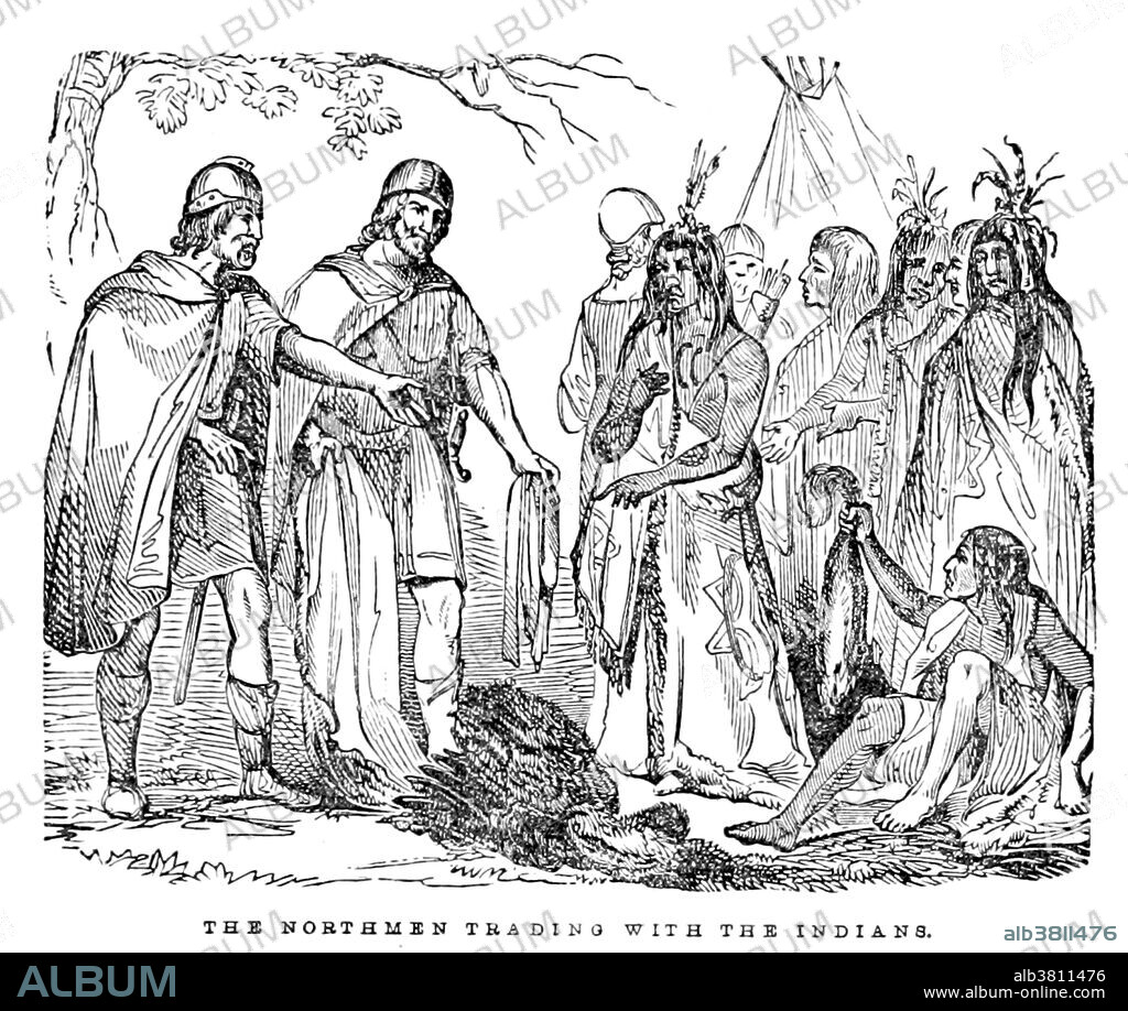 The Norse colonization of the Americas began as early as 10th century AD, when Vikings explored and settled areas of the North Atlantic, including the northeastern fringes of North America. Continental North American settlements were small and did not develop into permanent colonies. While voyages, for example to get timber, are likely to have occurred for some time, there is no evidence of enduring Norse settlements on mainland North America. There is evidence of Norse trade with the natives (called Skraelings by the Vikings). The Norse would have encountered both Native Americans (the Beothuk, related to the Algonkians) and the Thule, ancestors of the Inuit. Items such as comb fragments, pieces of iron cooking utensils, chess pieces, iron chisels, ship rivets, carpenter's planes, and oaken ship fragments used in Inuit boats have been found far beyond the traditional range of Norse colonization. Image taken from page 32 of "The Pictorial History of the United States of America, from the discovery by the Northmen in the tenth century to the present time. Embellished with engravings from drawings by W. Croome" by John Frost, 1843.