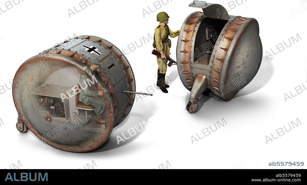 The Kugelpanzer was one of most strange projects of German designers. The image shows the interior of the vehicle, and human figures for size reference.