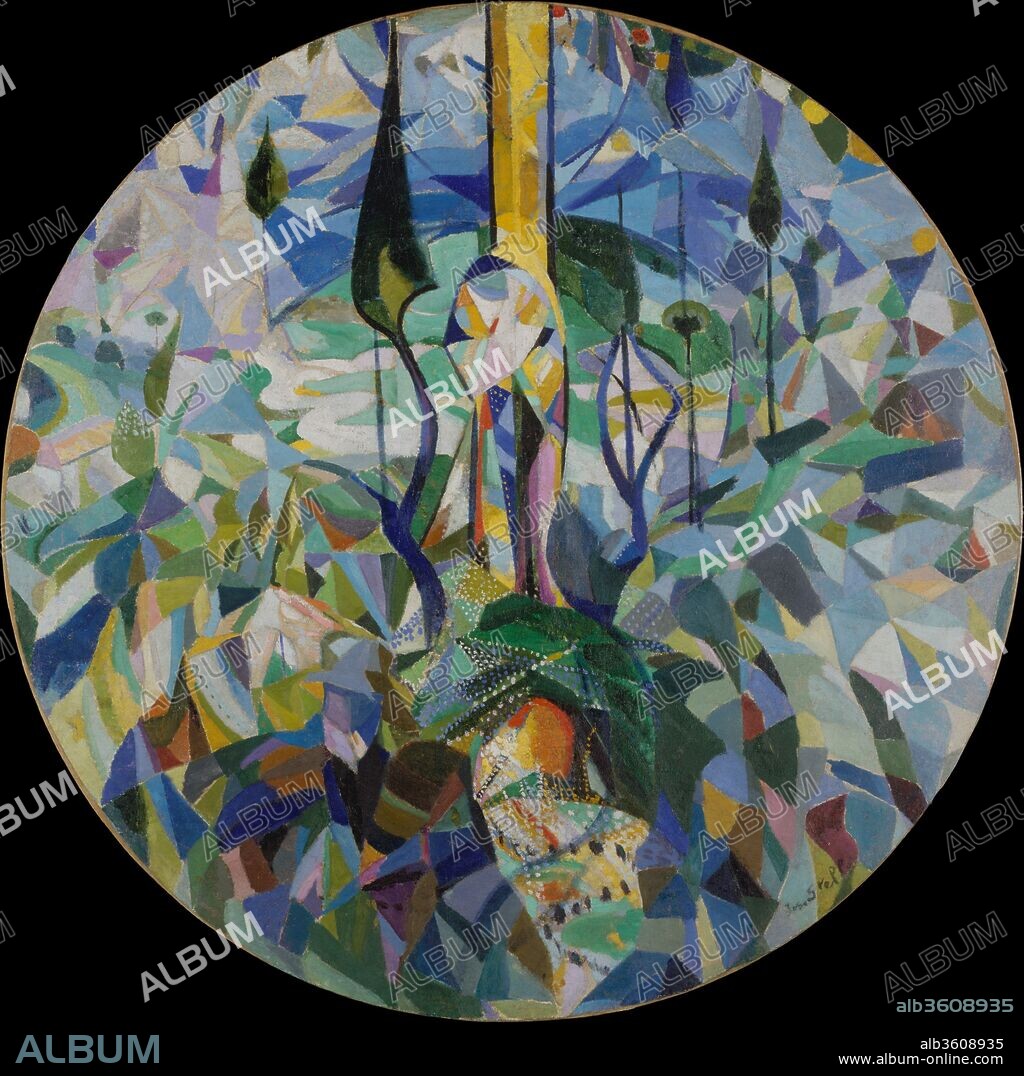 Coney Island. Artist: Joseph Stella (American (born Italy) Muro Lucano 1877-1946 New York, New York). Dimensions: Diameter: 41-3/4 in. (106 cm.). Date: 1914.
A kaleidoscope of dazzling color and fragmented form, Stella's abstract painting evokes the electric lights and energetic crowds of Brooklyn's Coney Island amusement park and boardwalk. Celebrating the intoxicating and sometimes disorienting dynamism of modern life, Coney Island reveals the painter's knowledge of Italian Futurism, which Stella was exposed to during a trip to Italy and France in 1910-11. The composition's circular, or tondo, format links it to Renaissance depictions of holy subjects.