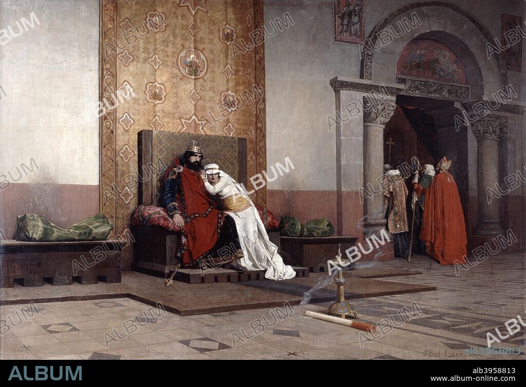 'The Excommunication of Robert the Pious', 1875. Nicknamed 'the Pious', Robert II (972-1031) was King of France from 996. He was temporarily excommunicated by Pope Gregory V, who would not sanction Robert's marriage to his second wife, Bertha, Princess of Burgundy, on the grounds that they were cousins. From the Musee d'Orsay, Paris, France.