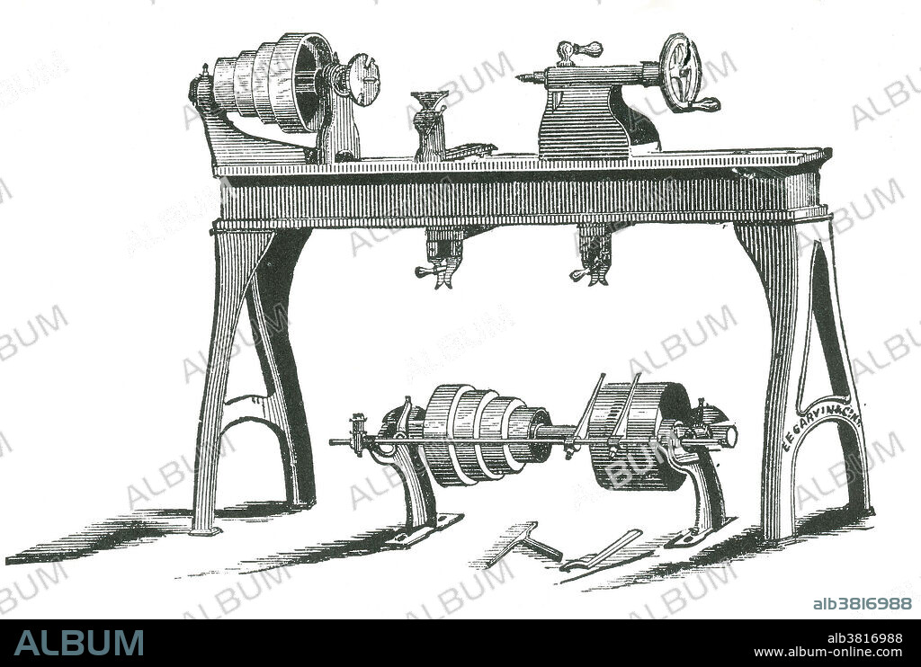 An early model of a hand lathe. A hand lathe is a machine tool that rotates the workpiece on its axis to perform various operations while pressing a cutting or abrading tool against it.