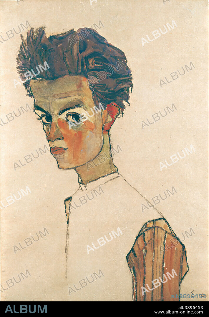 EGON SCHIELE. Selbstbildnis mit gestreiftem Hemd / Self-Portrait with Striped Shirt. Date/Period: 1910. Drawing. Height: 443 mm (17.44 in); Width: 305 mm (12 in).