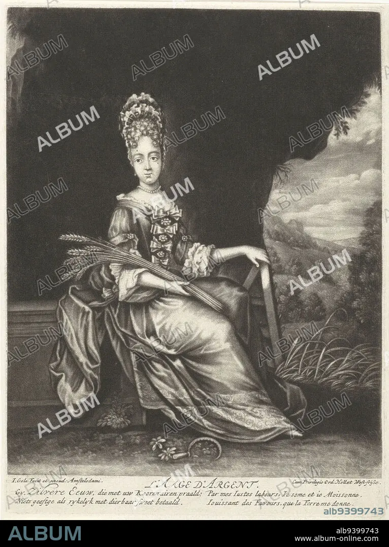 Silver Age, Jacob Gole, 1670 - 1724, The Silver Age: a woman in a landscape  with ears of corn in her hand and a sickle at her feet. The print refers to