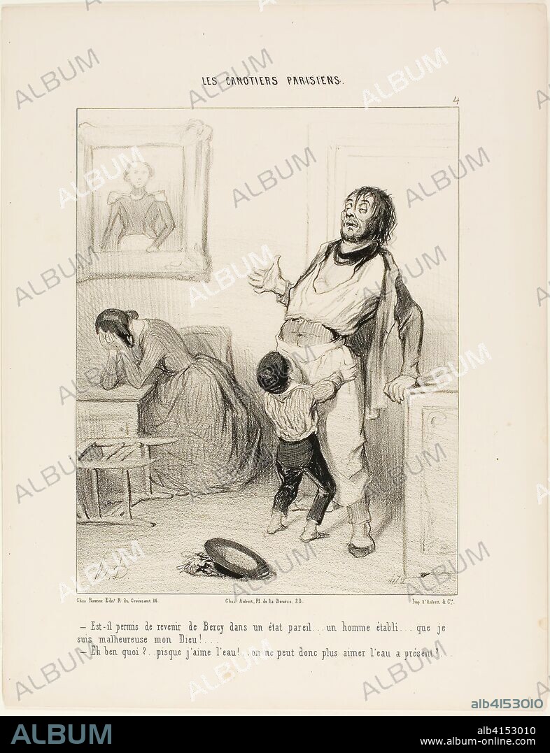 HONORé-VICTORIN DAUMIER. "- It really shouldn't be allowed to return from Bercy in a state like this.... an established man like you.... I am so unhappy, my God! - What's wrong?...after all, I like the water.... am I not allowed to like the water anymore?," plate 4 from Les Canotiers Parisiens. Honoré Victorin Daumier; French, 1808-1879. Date: 1843. Dimensions: 236 × 185 mm (image); 341 × 264 mm (sheet). Lithograph in black on ivory wove paper. Origin: France.