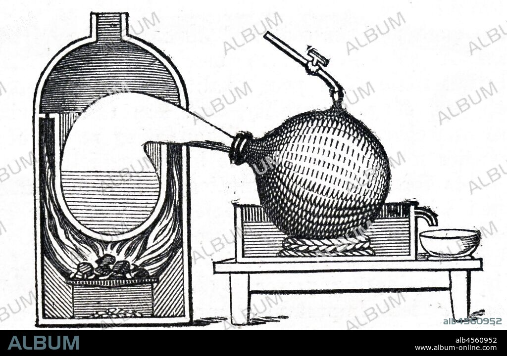 A woodcut engraving depicting a method of producing nitric acid (aqua fortis) by placing equal weights of nitrate of soda and sulphuric acid in a retort and applying heat. The nitric acid collected in the receiver (left) which had a cold water jacket. Dated 19th century.