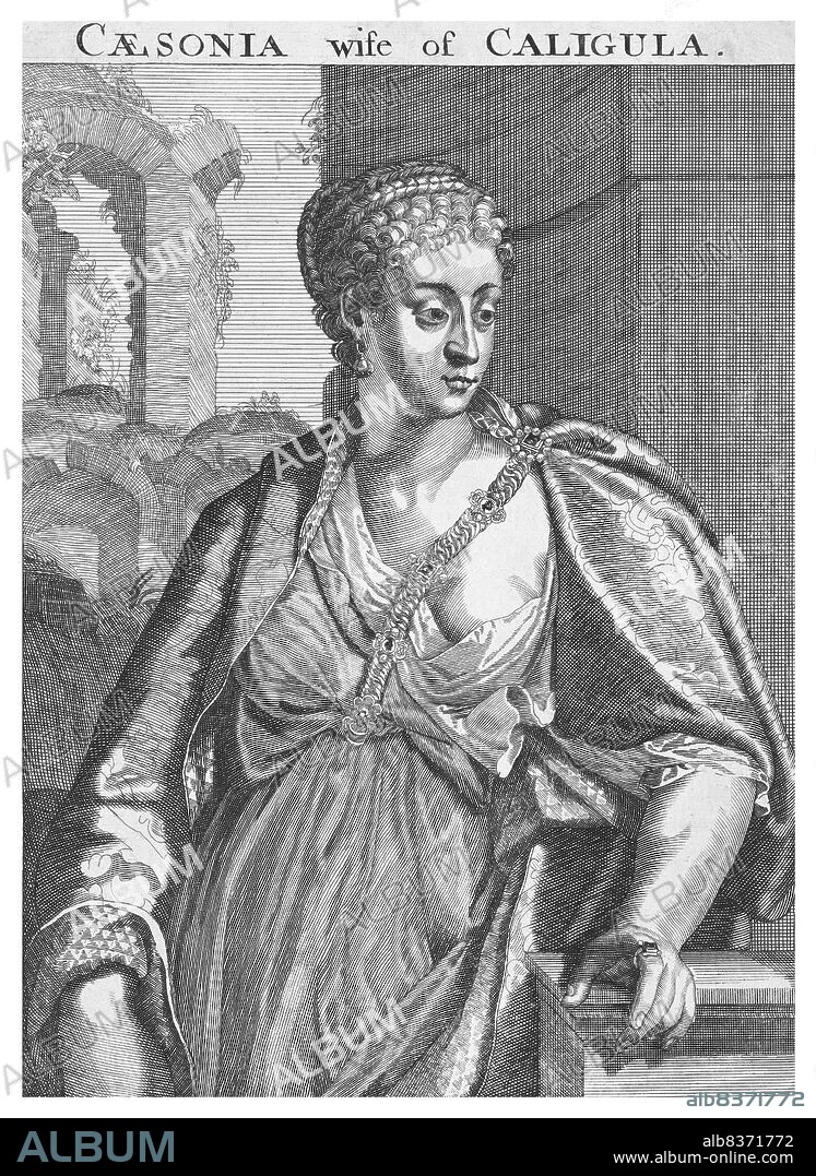 Milonia Caesonia (- 41 CE) was a Roman empress and the fourth wife of Caligula. Little is written about her, though she is described as neither beautiful nor young, with a reckless extravagance and uncontrolled wantonness, and that she was loved devotedly and passionately by Caligula. Some stories claim that Caligula would often parade Caesonia in front of his troops, and sometimes would parade her naked in front of select friends. Caesonia and her daughter, Julia Drusilla, were murdered hours after Caligula's assassination.