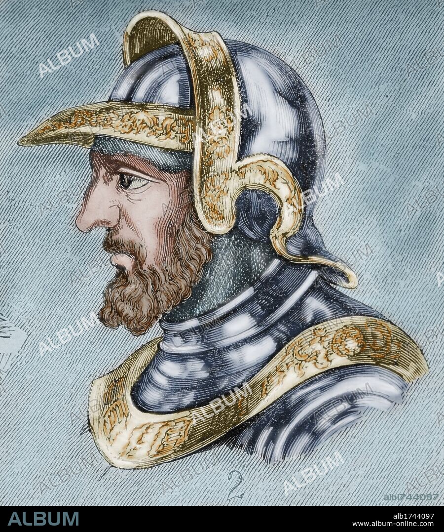 ALARICO. Rey visigodo (484-507). Sucesor e hijo de Eurico. Grabado coloreado.