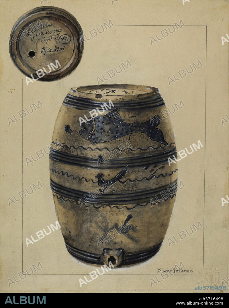 YOLANDE DELASSER. Wine Cask. Dated: c. 1936. Dimensions: overall: 28.9 x 22.9 cm (11 3/8 x 9 in.)  Original IAD Object: 17" High  8" Dia(top). Medium: watercolor, graphite, and gouache on paperboard.