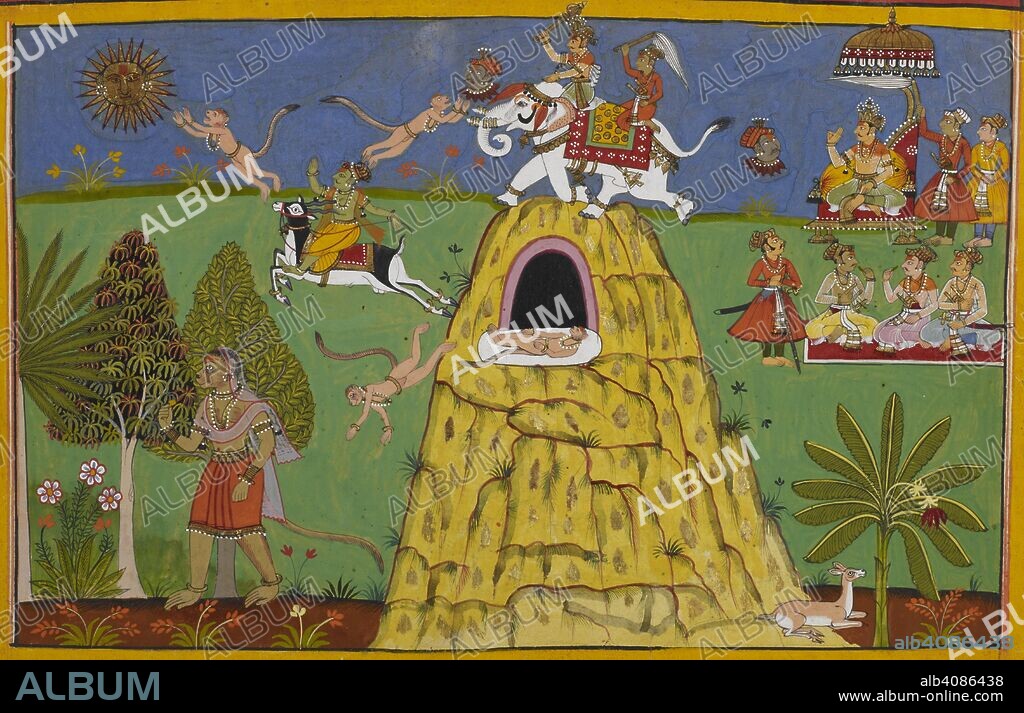 Hanuman's childhood. The top left shows Hanuman leaping towards the sun having perceived it as a fruit. Hanuman's father, Vayu, follows him on a deer, fearful his son will be burnt by the sun's rays. Rahu, shown as a disembodied head, is pleading with Indra to stop Hanuman on the right. Indra is depicted following Hanuman, striking him with a thunderbolt. Hanuman is then shown falling off the mountain in the centre of the folio. Ramayana. Udaipur, 1653. Source: Add. 15297(2), f.64. Language: Sanskrit.