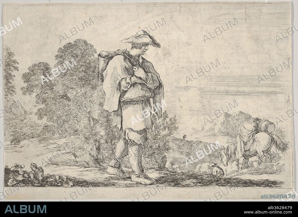 Plate 11: a peasant wearing a hat at center, walking towards the right, a horse descending a mountain to right in the background, trees to left in the background, from 'Twelve Landscapes' (Suite de douze paysages). Artist: Stefano della Bella (Italian, Florence 1610-1664 Florence). Dimensions: Sheet: 3 9/16 x 5 1/4 in. (9.1 x 13.4 cm). Series/Portfolio: 'Twelve Landscapes' (Suite de douze paysages). Date: ca. 1641.