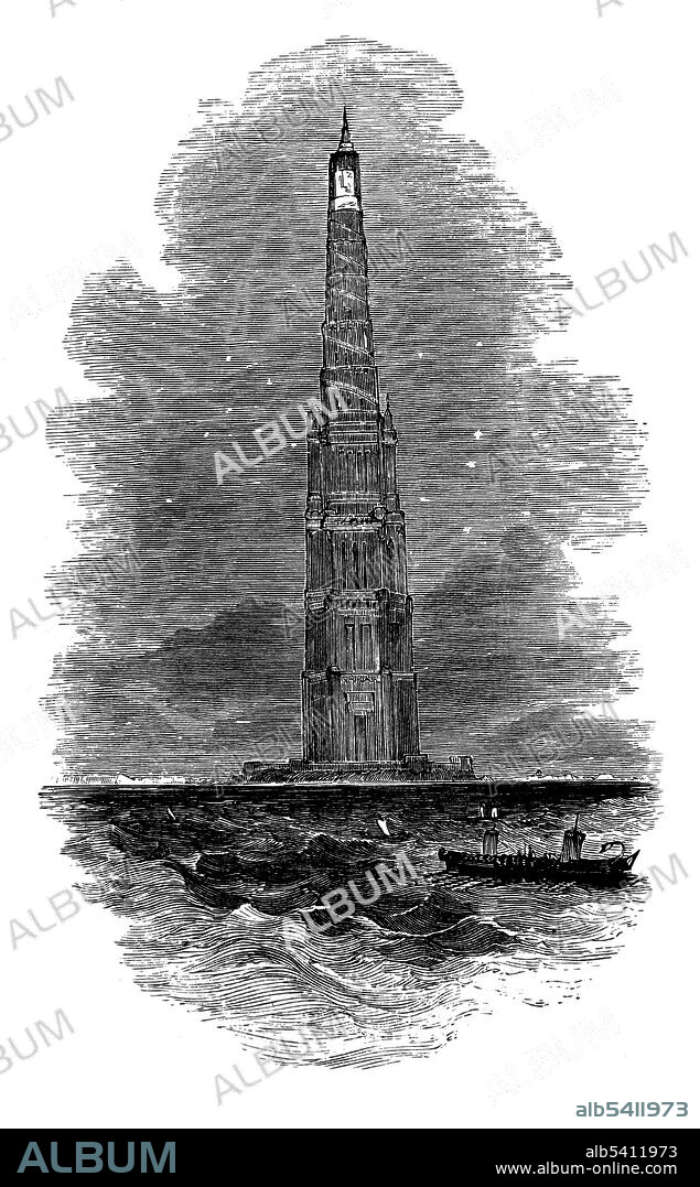 The lighthouse at Alexandria, Egypt was built in the 3rd century BC. The height of the lighthouse was estimated to be between 380 and 440 feet tall. It was identified as one of the Seven Wonders of the Ancient World by Antipater of Sidon. The lighthouse was badly damaged, with barely any remaining ruins, after three earthquakes. The first was in 956, then another in 1303, and the last in 1323. The Seven Wonders of the World by Theodore Alois Buckley, 1854 (cropped and cleaned).