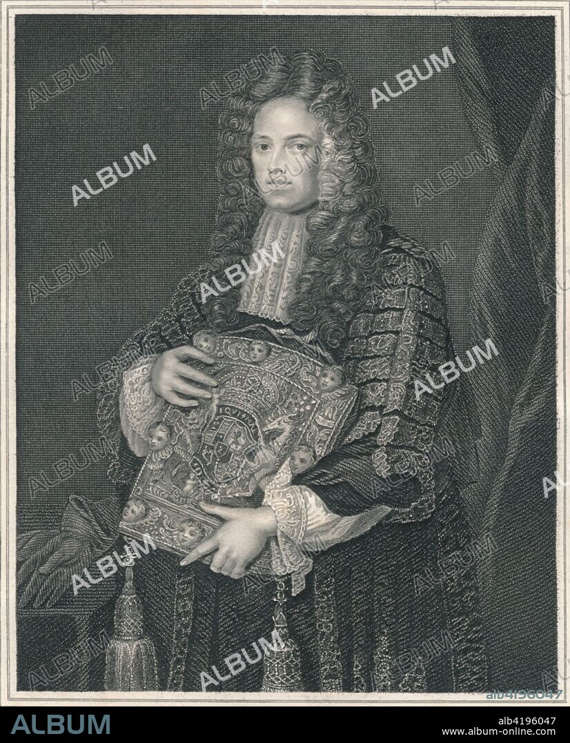 'John, First Lord Somers', c1700, (early-mid 19th century). Portrait of English politician John Somers, 1st Baron Somers (1651-1716), holding the Lord Chancellor's Purse, containing the Great Seal of the Realm. Somers was Lord High Chancellor of England from 1697-1700 under King William III. He served as Lord President of the Council from 1708 until 1710. 'From the original of Kneller in the collection of The Right Honourable The Earl of Hardwicke'. [The London Printing and Publishing Company, London].