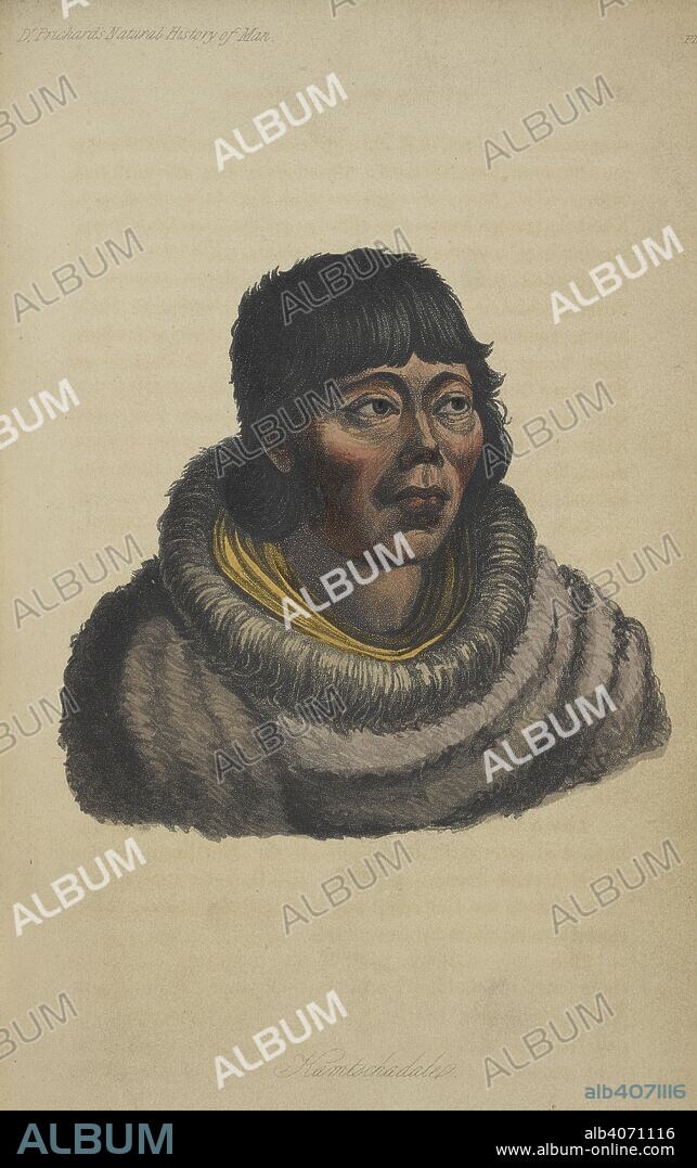 A Kamtschadale. Kamchadal (plural Kamchadals), a member of the ethnic group who are the original inhabitants of the Kamchatka peninsula in Russia. . The Natural History of Man; comprising inquiries into the modifying influence of physical and moral agencies of the different tribes of the human family. London, 1845. Source: 10007.d.23 plate 9, opp.page 223. Language: English.