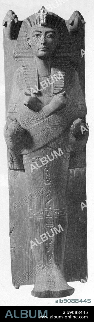 Miniature effigy of the king lying on a bier. The Treasures of Tutankhamen, The Exhibition Catalogue by I E S Edwards, page 80.