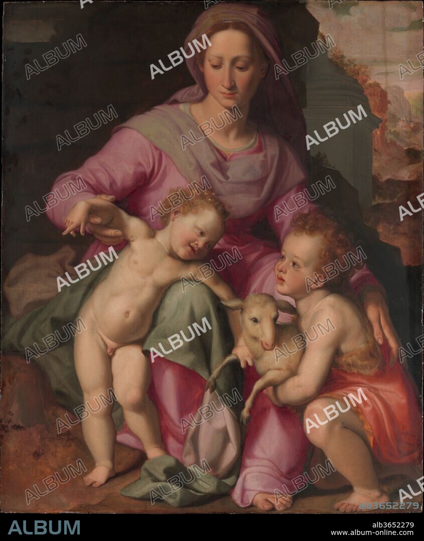 Madonna and Child with the Infant Saint John the Baptist. Artist: Santi di Tito (Italian, Sansepolcro 1536-1603 Florence). Dimensions: 40 7/8 x 33 3/4 in. (103.8 x 85.7 cm). Date: early 1570s.
Santi di Tito's work was exceptional in the latter half of the sixteenth century in Florence for its shift towards naturalism and away from the artificiality of much Mannerist painting. This panel was probably painted in the 1570s, and recalls the work of earlier artists such as Raphael and Andrea del Sarto, but with a new immediacy and painterly quality. The exceptionally fine frame is of the same period.