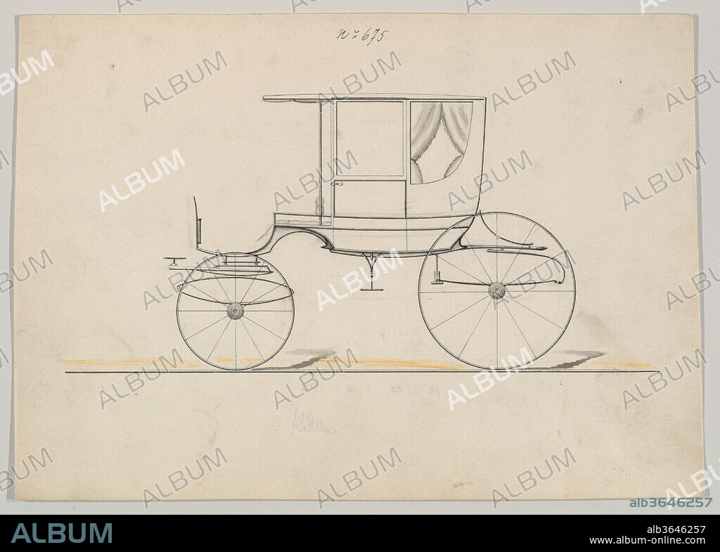 Design for Rockaway, no. 675. Dimensions: sheet: 6 1/4 x 8 3/4 in. (15.9 x 22.2 cm). Manufacturer: Brewster & Co. (American, New York). Date: 1850-70.
Brewster & Company History
Established in 1810 by James Brewster (1788-1866) in New Haven, Connecticut, Brewster & Company, specialized in the manufacture of fine carriages. The founder opened a New York showroom in 1827 at 53-54 Broad Street, and the company flourished under generations of family leadership. Expansion necessitated moves around lower Manhattan, with name changes reflecting shifts of management-James Brewster & Sons operated at 25 Canal Street, James Brewster Sons at 396 Broadway, and Brewster of Broome Street was based at 372 & 374 Broome Street with a repository (showroom) on 14th Street & Fifth Avenue. By 1874, Brewster & Company had 400 employees and combined warehouse and factory facilities at 47th & 48th Streets and Broadway. Brewster successfully branched out to produce their own automobiles, as well as supplying bodies for Rolls Royce at their Long Island City location. Notable clientele included Alfred Gwynne Vanderbilt, August Belmont, J.P. Morgan, John Jacob Astor, Andrew J. Cassatt (brother of artist Mary Cassatt), William Rockefeller, Henry Clay Frick and Pierre Lorillard. 
Talented draftsmen employed by the firm included Paul Steinbeck, Herman Stahmer and John Gribbon, the latter teaching at the Carriage Builders and Designers Technical School, which opened in 1880 and was housed initially at the Metropolitan Museum of Art. When the company finally dissolved in 1923, its last owner William Brewster (1866-1949) donated its archive of design and presentation drawings to the Museum where he served as benefactor and trustee.
Of all American carriage manufacturers, none was as highly regarded for design, finish and quality as Brewster & Company. They won many awards for outstanding workmanship, including the Legion d'Honneur (Legion of Honor) at the 1878 Paris Exposition (3rd World's Fair). In appreciation for this achievement the Carriage Builders' National Association presented them with a gold enameled Tiffany & Company plaque and autograph book signed by leading American carriage builders, both now at the Metropolitan Museum of Art.
Merri Ferrell, 2016.