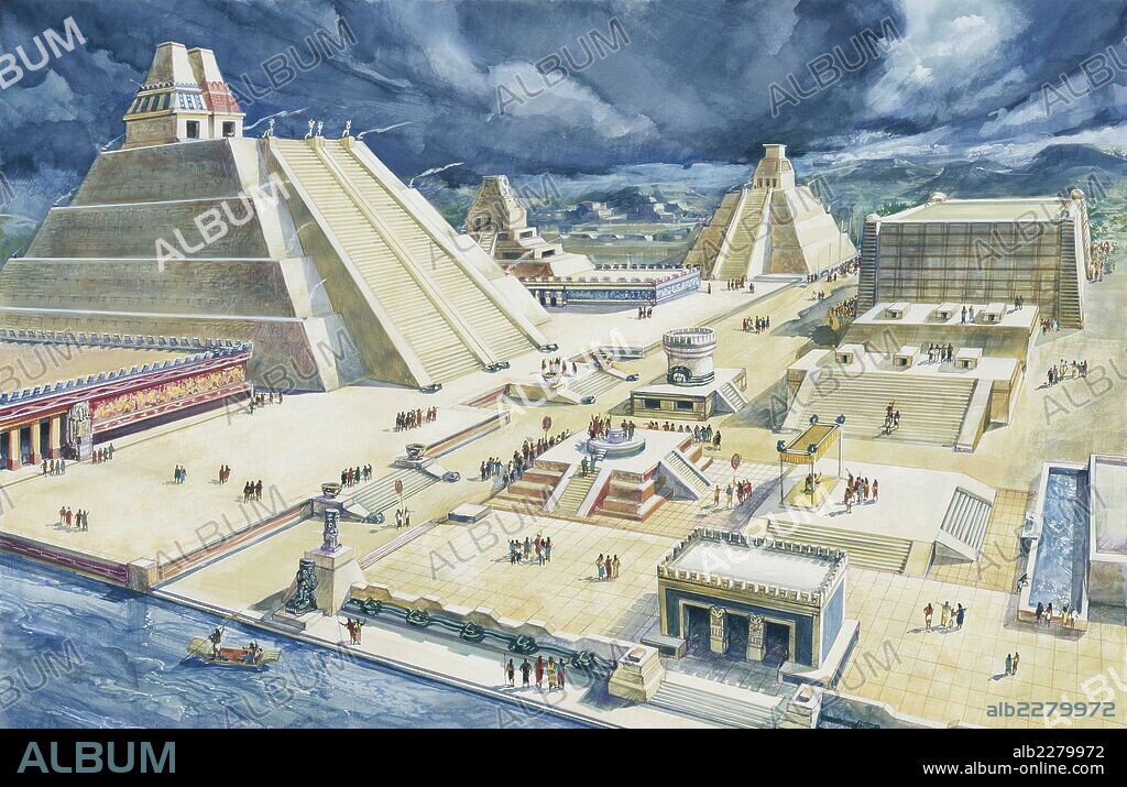 Aztec Civilization, 15th century - Mexico. Reconstructed central Tenochtitlán square and Templo Mayor. Color illustration.