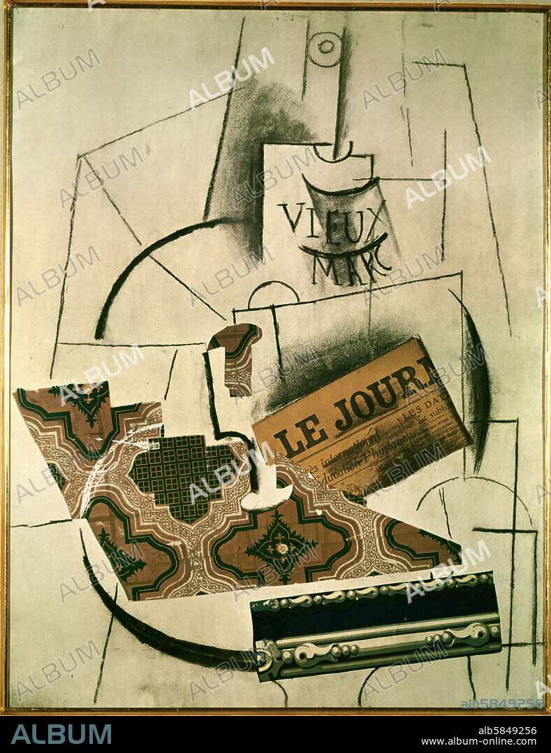 PABLO PICASSO. La bouteille de vieux marc-A bottle of vieux marc, spring 1913. Paper collage and charcoal on paper,62,5 x 45 cm.