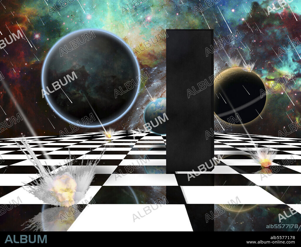 Planetary Armageddon. Massive meteorite/asteroid shower destroy planets. Black mystic monolith on chessboard. 3D rendering.