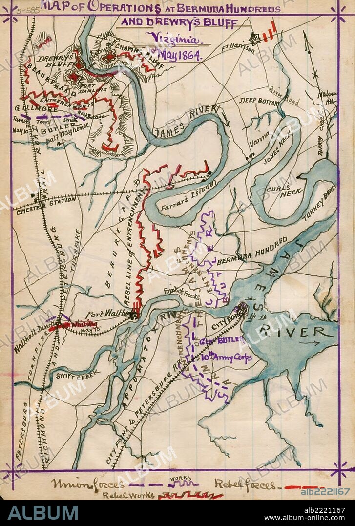 operations at Bermuda Hundred and Drewry's Bluff, Virginia, 10th May 1864; In this map Sneden attempts to show several engagements that took place between Butler's Army of the James and Beauregard's Confederates, May 6th through May 13th, 1864. He includes Port Walthall Junction, where Union forces first engaged Beauregard's Confederates; the Confederate defense of Fort Darling at Drewry's Bluff; and the Union entrenchments astride the Appomattox River at Bermuda Hundred and City Point, where they were blocked by Confederate forces spanning the peninsula formed by the Appomattox and James rivers.