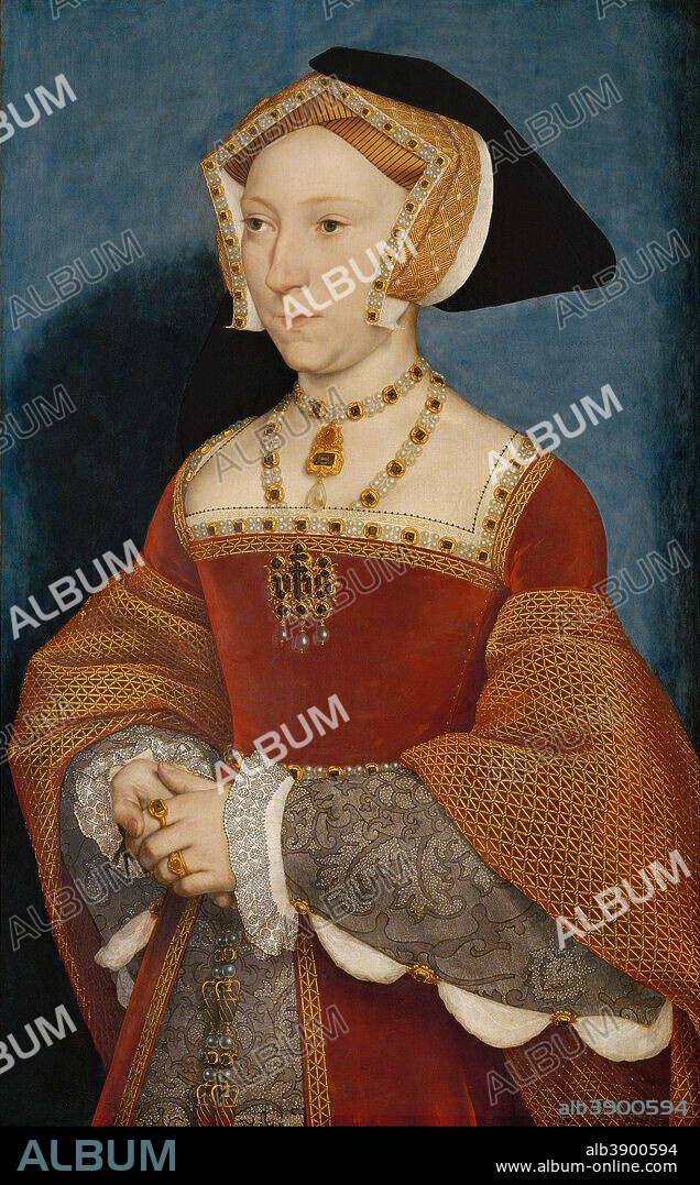 HANS HOLBEIN. Jane Seymour, Queen of England. Date/Period: 1536. Painting. Oil on Wood. Height: 654 mm (25.74 in); Width: 407 mm (16.02 in).