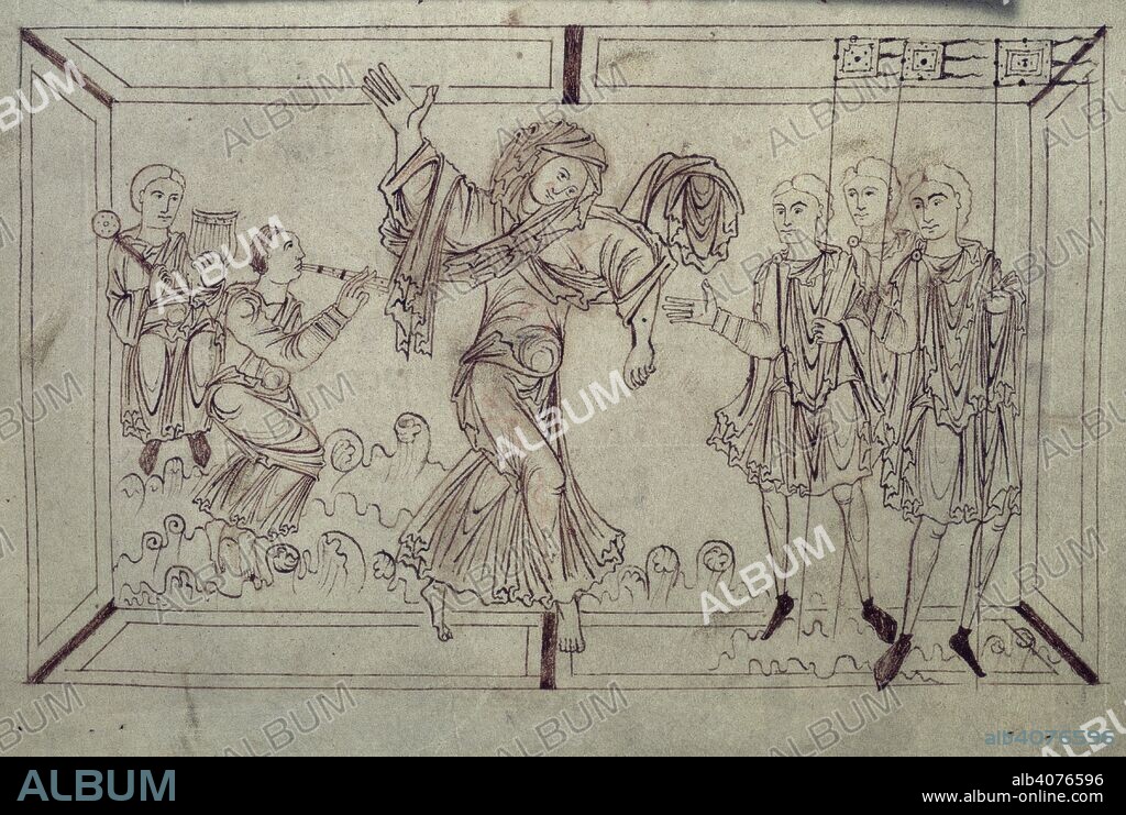 Luxury distracts warriors. Psychomachia. Late 10th century. (Lower drawingl) Luxury (Luxuria) dancing, tempting men to abandon their arms in favour of debauchery.  Image taken from Psychomachia.  Originally published/produced in Late 10th century. . Source: Add. 24199, f.18. Language: Latin.