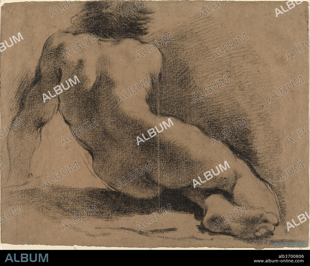 GIOVANNI FRANCESCO BARBIERI, CALLED GUERCINO. Seated Nude Boy Seen from the  Back. Dimensions: overall (approximate): 44.2 x 54.8 cm (17 3/8 x 21 9/16  in.). Medium: pen and - Album alb3700806