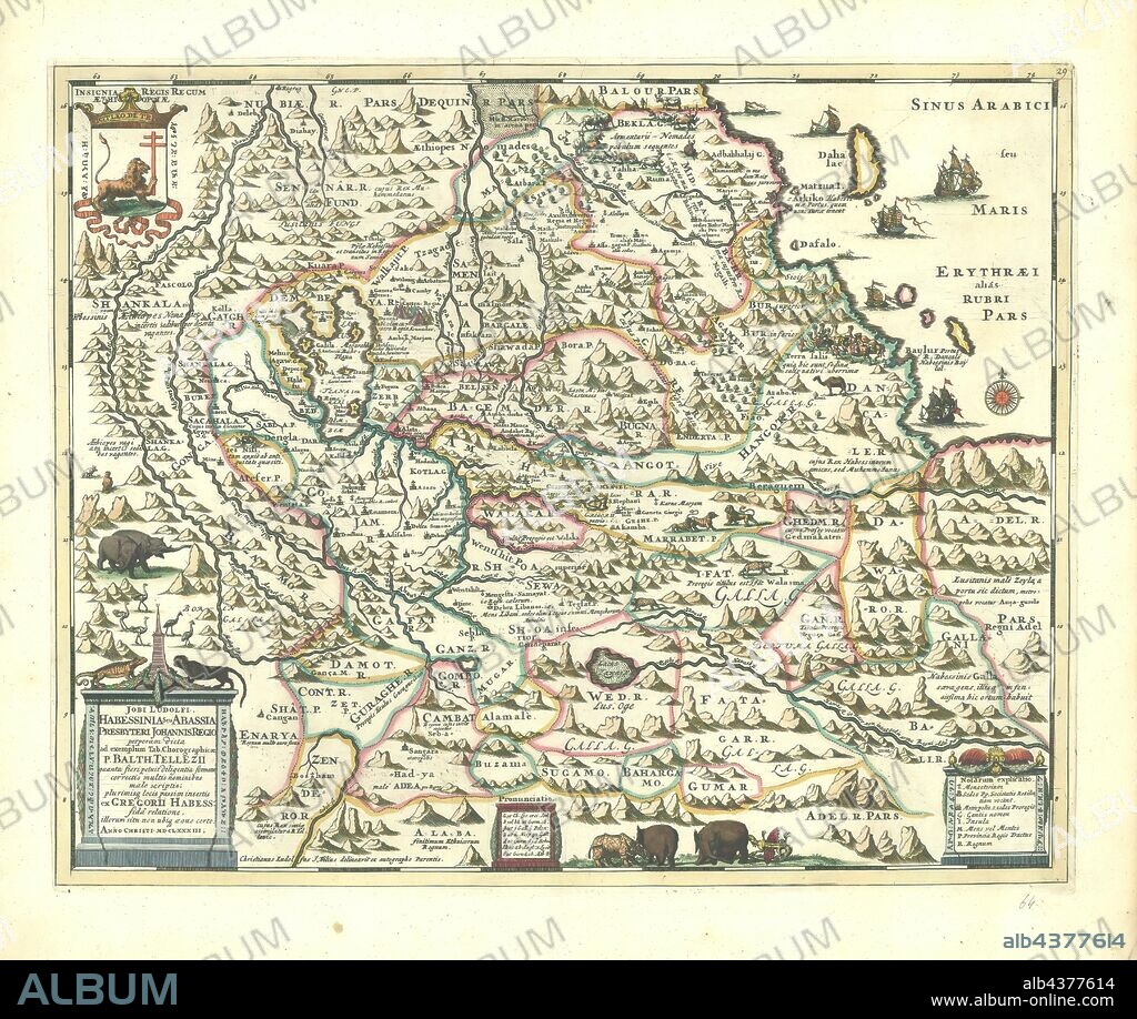 Map, Jobi Ludolfi, Habessinia seu Abassia, Presbyteri Johannis regio, Jobus Ludolphus (1624-1704), Copperplate print.