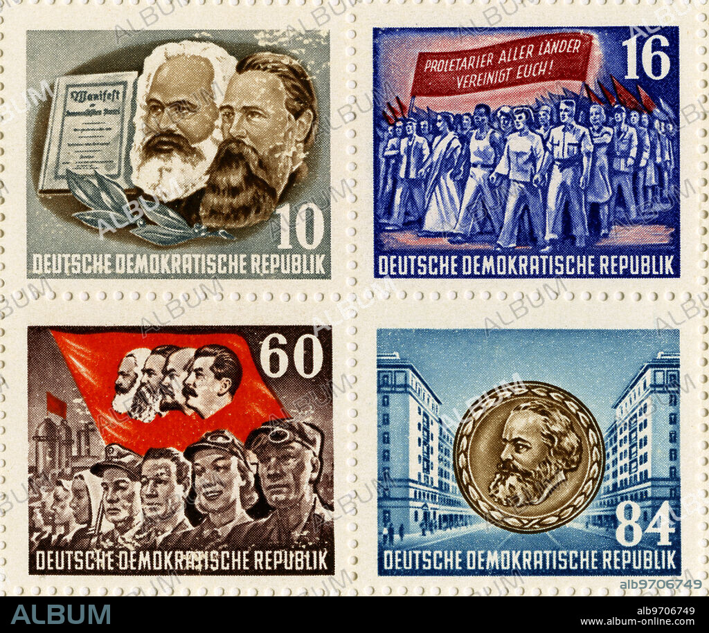 Stamps only from Karl Marx Commemorative Postage Stamp Sheet, East Germany, DDR, 1953.