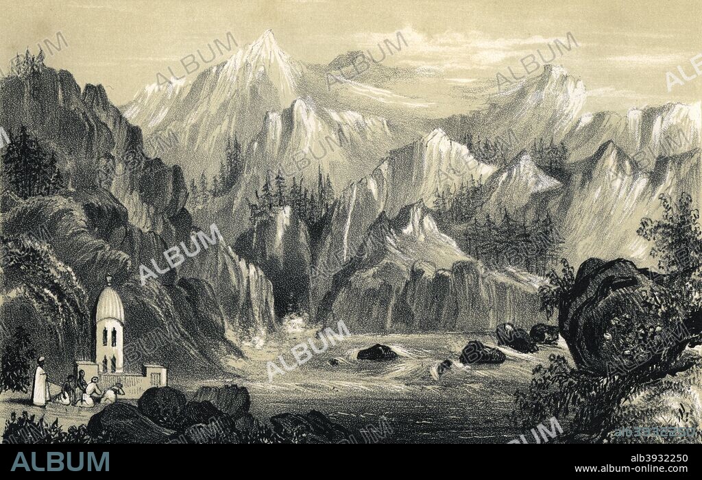 Pilgrims at the source of the Ganges, India, 1847. Illustration from The History of China and India, by Miss Corner, (Dean and Co, London, 1847).