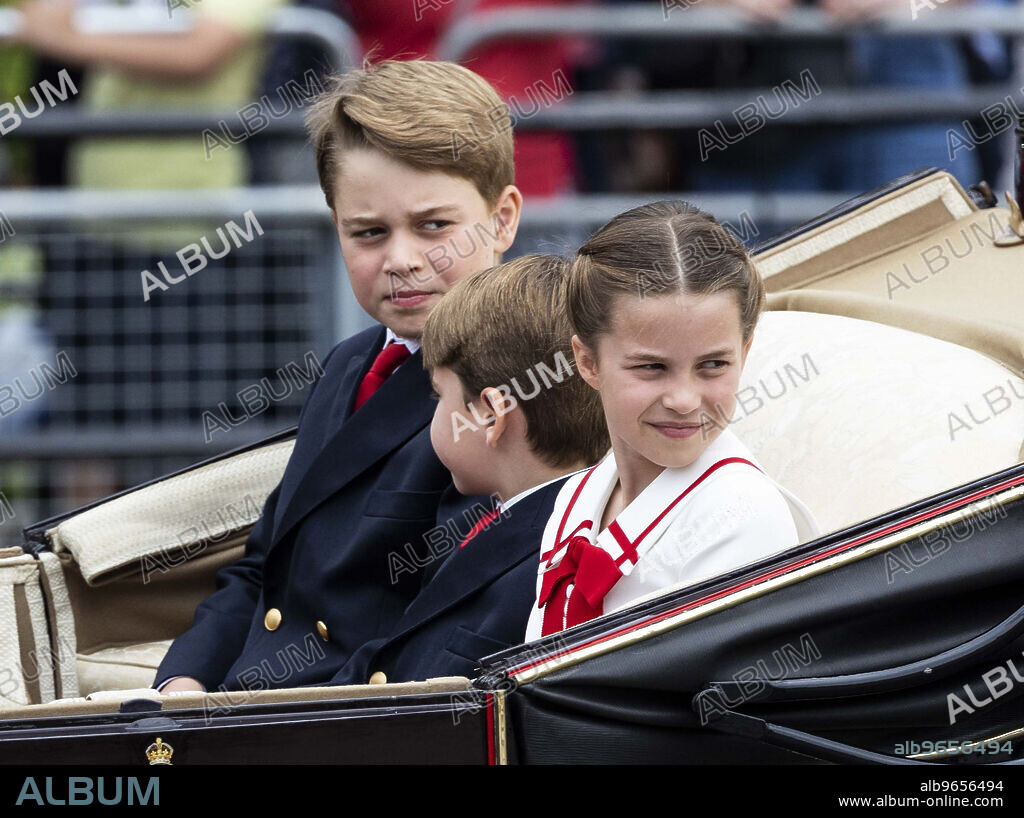 Prince George of Wales, Prince Louis of Wales and Princess Charlotte Of Wales. June 18, 2023, London, London, United Kingdom: UK Royal family; King Charles III ,Queen Camilla, Prince William,Kate Middleton, Prince George, Princess Charlotte and Prince Louis during Trooping the Colour in London. (Credit Image: © i-Images via ZUMA Press).