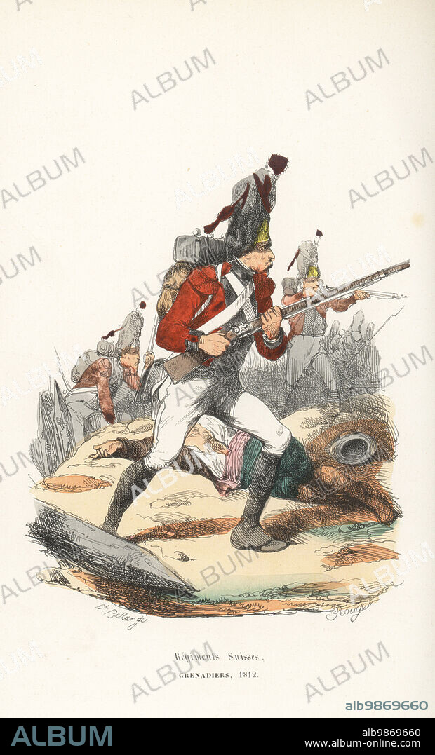 Soldiers of the 1st Swiss Regiment, French Imperial Army, in combat. In bearskin, red coat and epaulettes, breeches and gaiters, arrmed with musket. Swiss mercenary regiment from 1803-1815. Regiment Suisses, Grenadiers, 1812. Handcoloured woodcut by Francois Rouget after an illustration by Hippolyte Bellangé from P.M. Laurent de lArdeches Histoire de Napoleon, Paris, 1840.