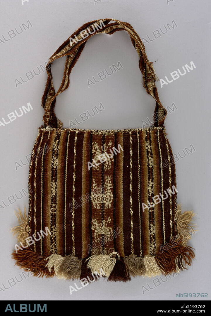 Bag, Medium: wool Technique: complementary warp, Small square flat bag with remains of woven shoulder straps. Warp rep stripes of various widths in cream, black and shades of brown alternate with warp-patterned stripes in same colors showing horsemen, animals, floral and geometric forms on dark brown warp rep. Tassels of same wool on lower sides and across bottom. Edging of tubular embroidery on three sides., Bolivia, 19th century, woven textiles, Bag.