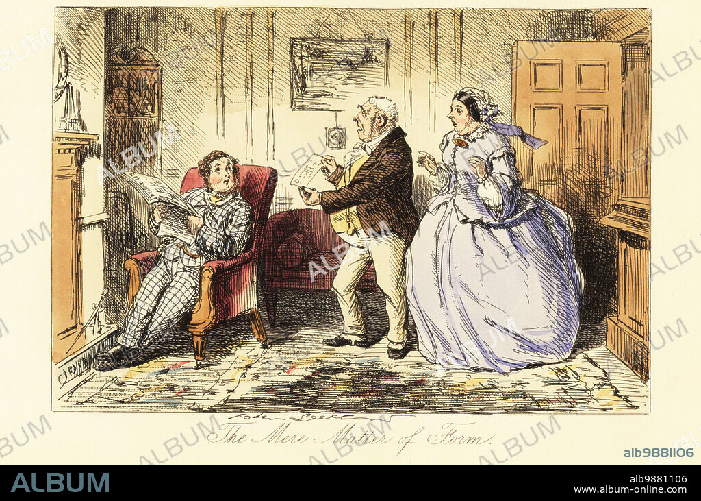 English gentleman lounging in a parlour in front of the fireplace with his outraged parents. Jasper Goldspink reading a newspaper, harassed by his parents for non-payment of a large gambling debt. The mere matter of form. Handcoloured steel engraving after an illustration by John Leech from Robert Smith Surtees Plain or Ringlets?, Bradbury and Evans London, 1860. Leech (1817-1864) was an English caricaturist and illustrator best known for his work for Punch magazine.