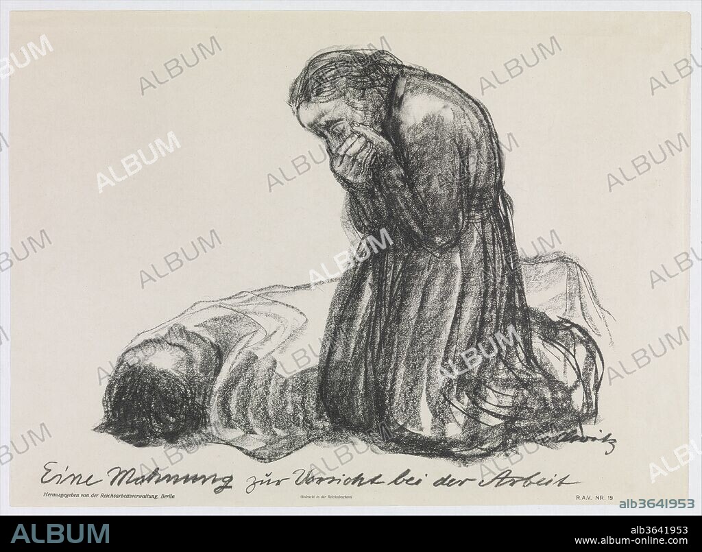 KÄTHE KOLLWITZ. A Warning To Be Careful While Working (Eine Mahnung zur Vorsicht bei der Arbeit). Artist: Käthe Kollwitz (German, Kaliningrad (Königsberg) 1867-1945 Moritzburg). Dimensions: sheet: 16 1/8 x 22 1/16 in. (41 x 56 cm). Date: n.d..