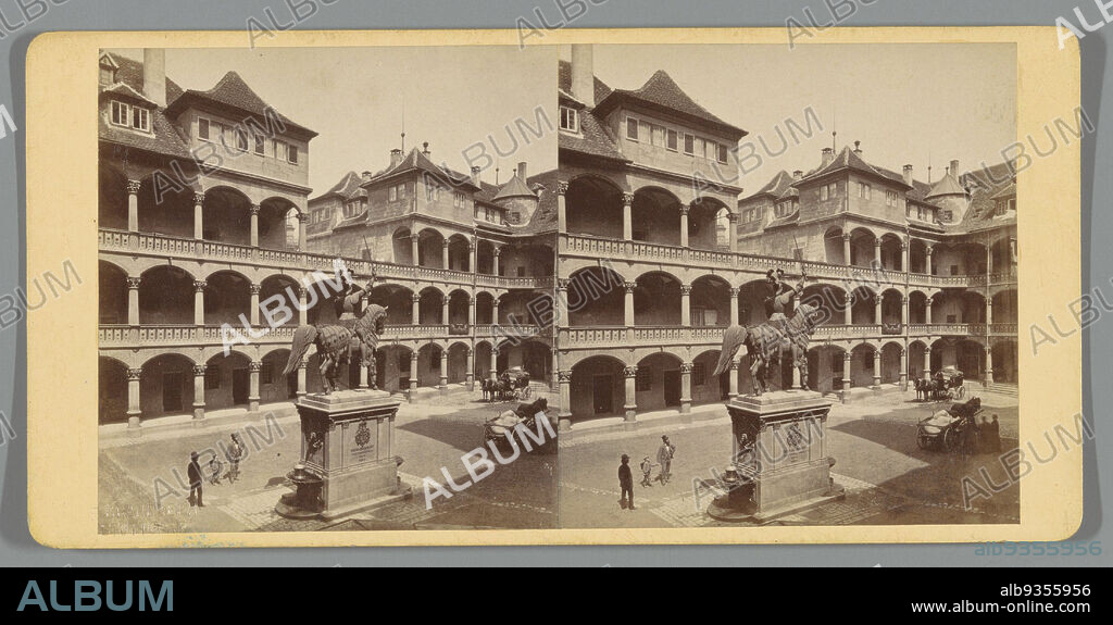 Equestrian statue of Duke Eberhard I of Württemberg in the courtyard of the Old Castle in Stuttgart, Friedrich Brandseph (mentioned on object), Stuttgart, c. 1870 - c. 1880, cardboard, albumen print, height 85 mm × width 170 mm.