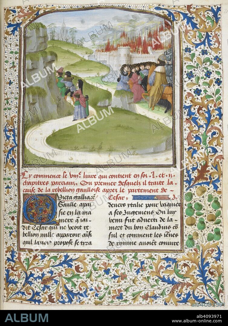 JULIUS CAESAR and JEHAN DU QUESNE. Caesar attacking the Gauls, a burning city behind (Book 8). . Caesar, translated by Jan Du Quesne (or Jean Duchesne), Bellum Gallicum ( Les commentaires de Cesar ). 1473-1476. Source: Royal 16 G. VIII f.210. Language: French.