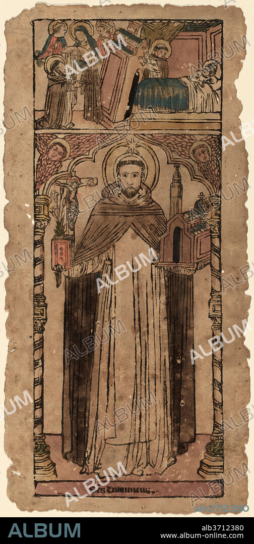 ITALIAN 15TH CENTURY. Saint Dominic. Dated: c. 1450. Dimensions: image: 27.3 x 10.8 cm (10 3/4 x 4 1/4 in.)  sheet: 29.1 x 14 cm (11 7/16 x 5 1/2 in.)  overall (external frame dimensions): 59.7 x 44.5 cm (23 1/2 x 17 1/2 in.). Medium: woodcut, hand-colored in brown, vermilion, orange, blue, olive, and ochre.