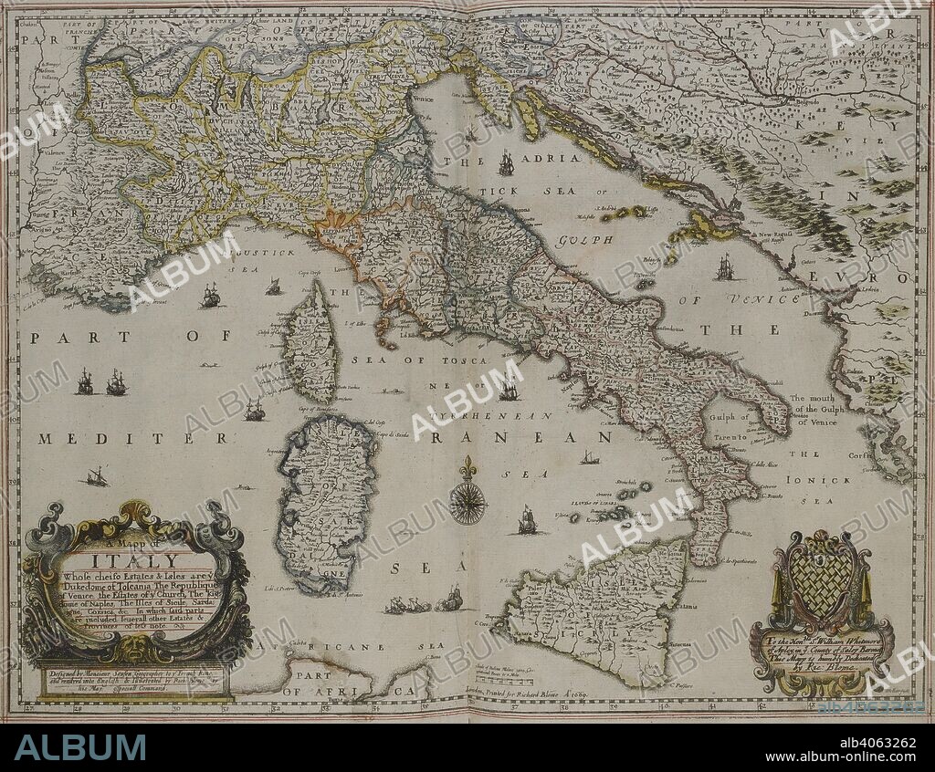 RICHARD BLOME. Map of Italy, 17th century. A mapp of Italy whose cheifo [!] Estates & Isles are . . . / Designed by Monsieur Sanson . . . ; rendred [!] into English & illustrated by Rich: Blome . . . 1669. [London: R. Blome, 1670]. Source: C.39.d.2 pages 10-11.