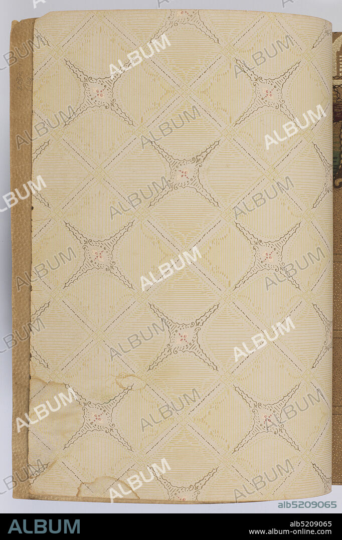 Alfred Peats Wallpaper, No. 1, York Card & Paper Co., 1891, Standard Wall-Paper Company, Standard Wall-Paper Company, Sandy Hill, New York, Becker, Smith & Page, Inc., founded 1899, Machine-printed paper, intaglio printed, oatmeal paper, Selection of wallpaper samples, bound in embossed black paper cover. Red glob (wax?) on center of cover. Contains combination sets of matching papers which include sidewall, frieze and ceiling papers. Does contain oatmeal papers, cut out borders and several selections of intaglio printed papers for kitchen and bath. Also grape cluster papers for dining rooms. The cut out borders are die cut as some samples still retain their cut off elements., USA, 1915, Wallcoverings, Sample book, Sample book.